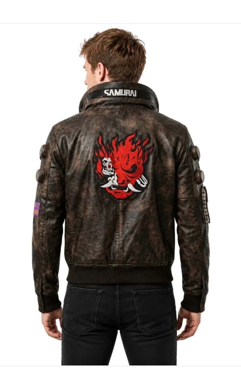 Cyberpunk 2077 Samurai V Cosplay Distressed Leather Bomber Jacket